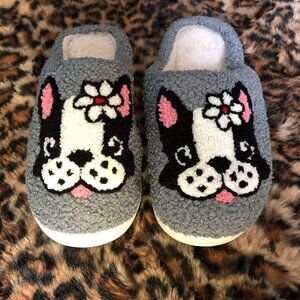 Cute Girl Frenchie French Bulldog Cushioned Fleece Slippers Gray Women's Sz 9-10
